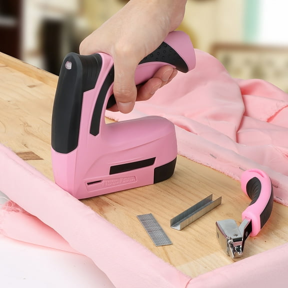 Pink 2-in-1 Cordless Electric Staple Gun | 4V Rechargeable Brad Nailer Kit, 2500 Staples/Nails   Staple Remover & Fast Charger | For Wood, Crafts, DIY, Decoration, Upholstery