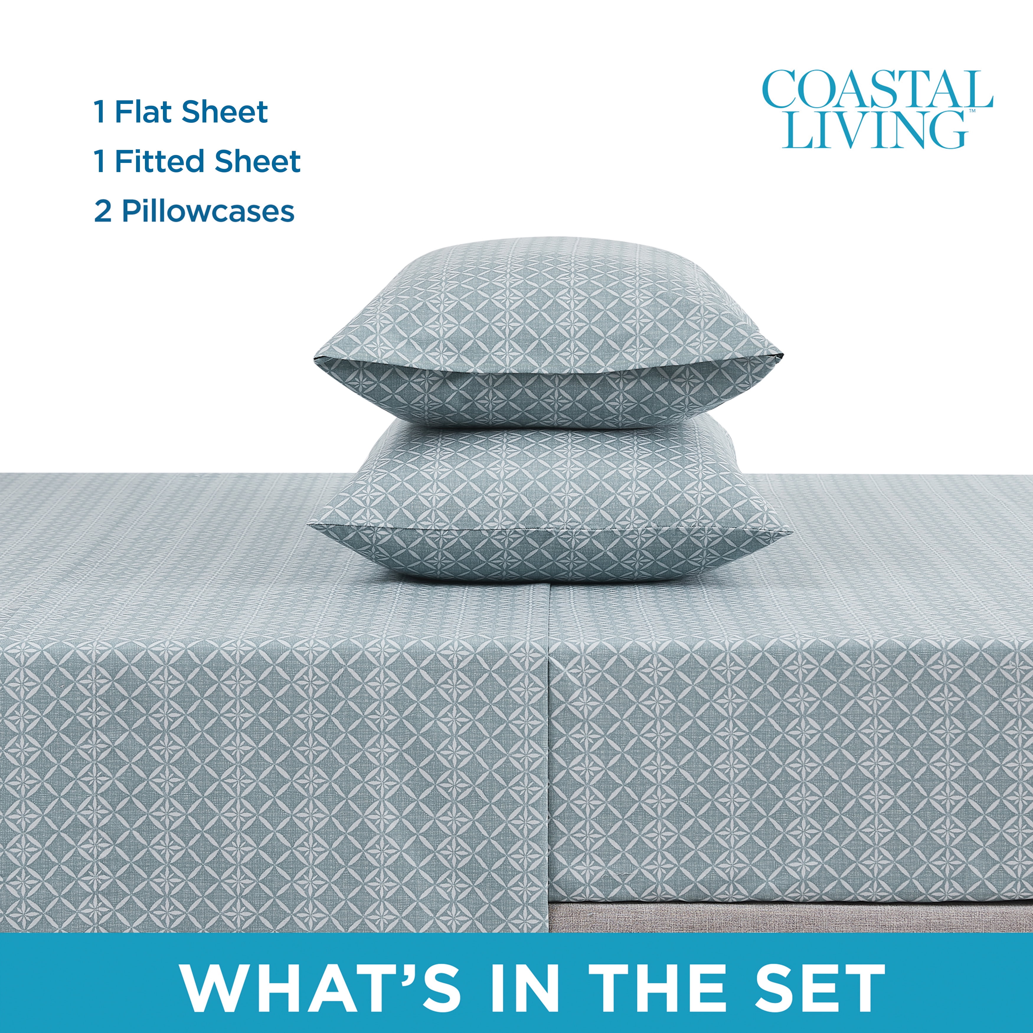 Coastal Living 4-Piece Green Print Soft Brushed Microfiber Luxury Cooling Sheet Set, Queen