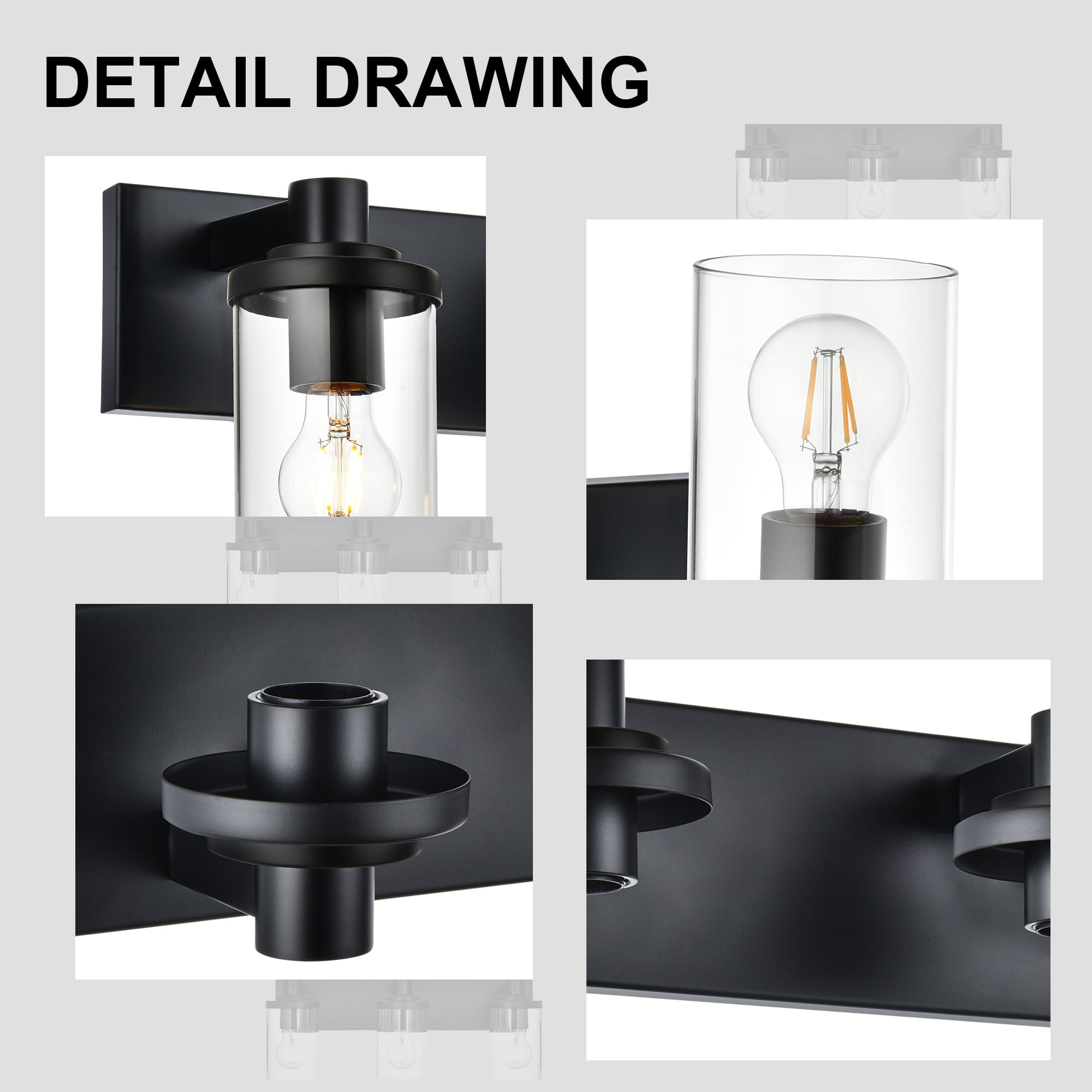 Melucee Vanity Wall Lighting, 3 Light Bathroom Vanity Light, Black Vanity Lights for Bathroom, Modern Bathroom Light with Clear Glass Shade, E26 Base, Bathroom Light Fixtures Over Mirror