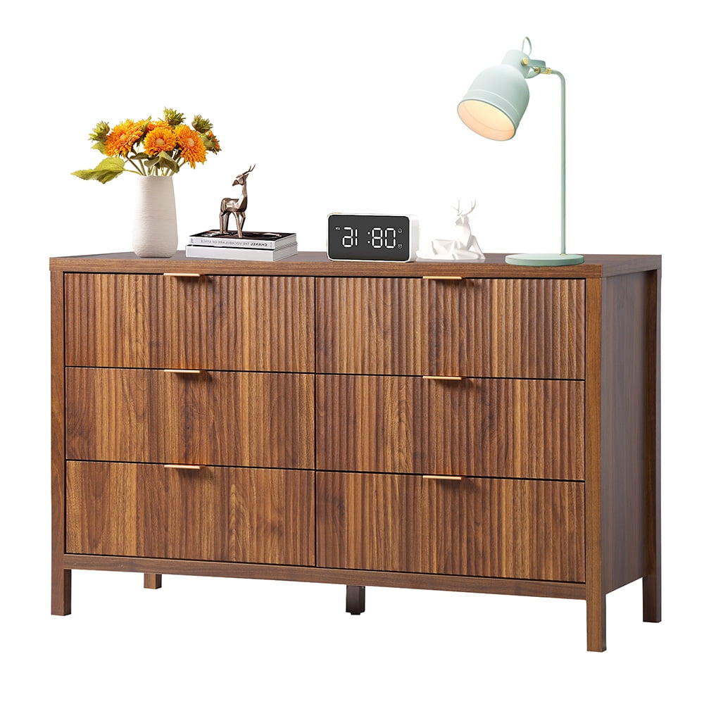 YOCWO Fluted 6 Drawer Dressers for Bedroom, 48" Wide Modern Chest of Drawer with 6 Big Drawers, Walnut