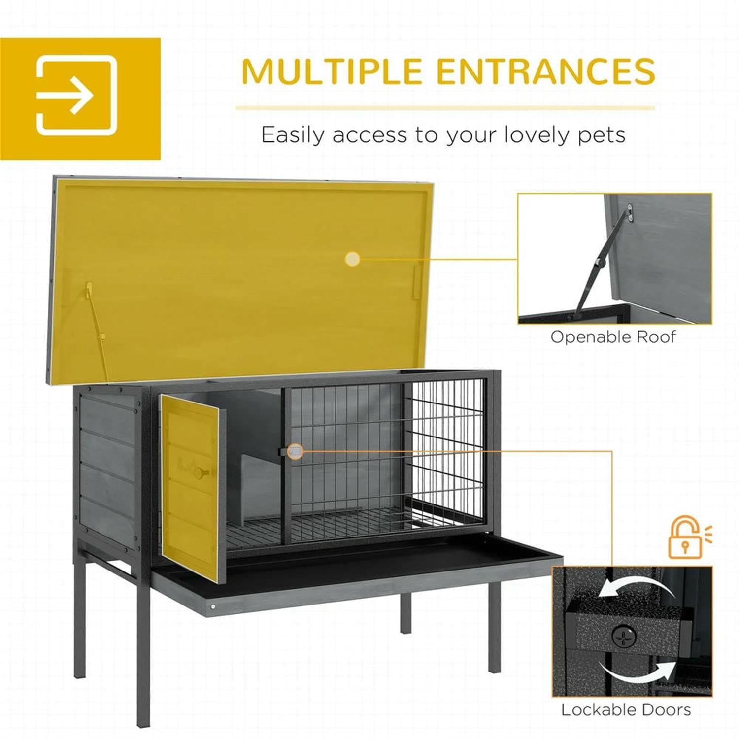 Kadyn 36" Outdoor Rabbit Hutch with Slide-out Tray and Openable Roof, Wooden Small Animal Habitat Enclosure Bunny Cage for Bunnies, Guinea Pigs, Gray