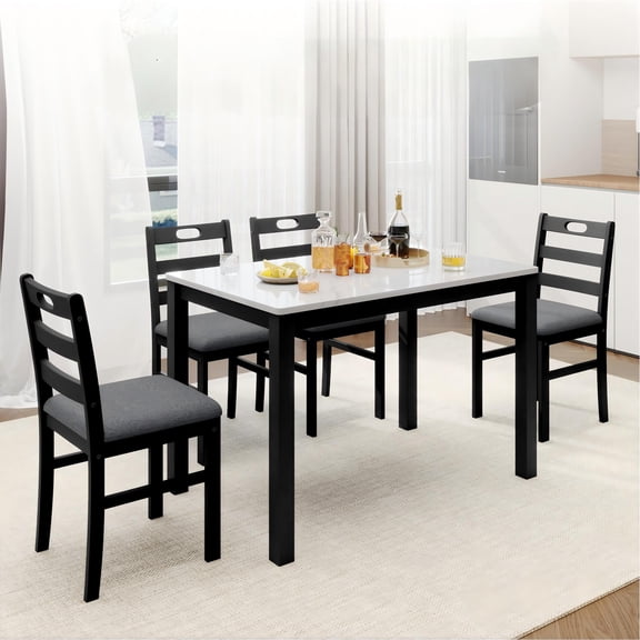 Alpha Joy Farmhouse Dining Table Set for 4, Faux Marble Rectangular Table with Solid Wood Paded Chairs