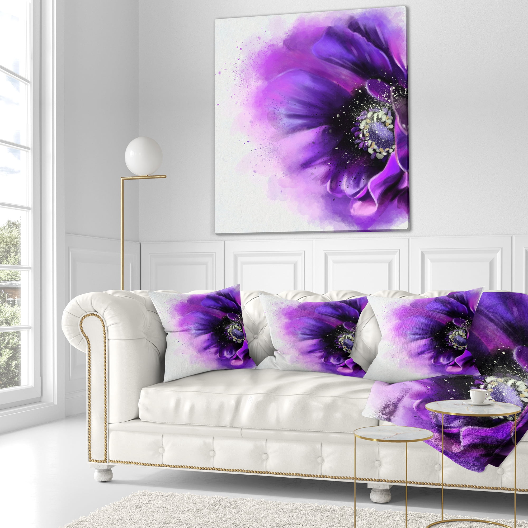 Designart Purple Stylized Watercolor Poppy - Floral Throw Pillow - 18x18