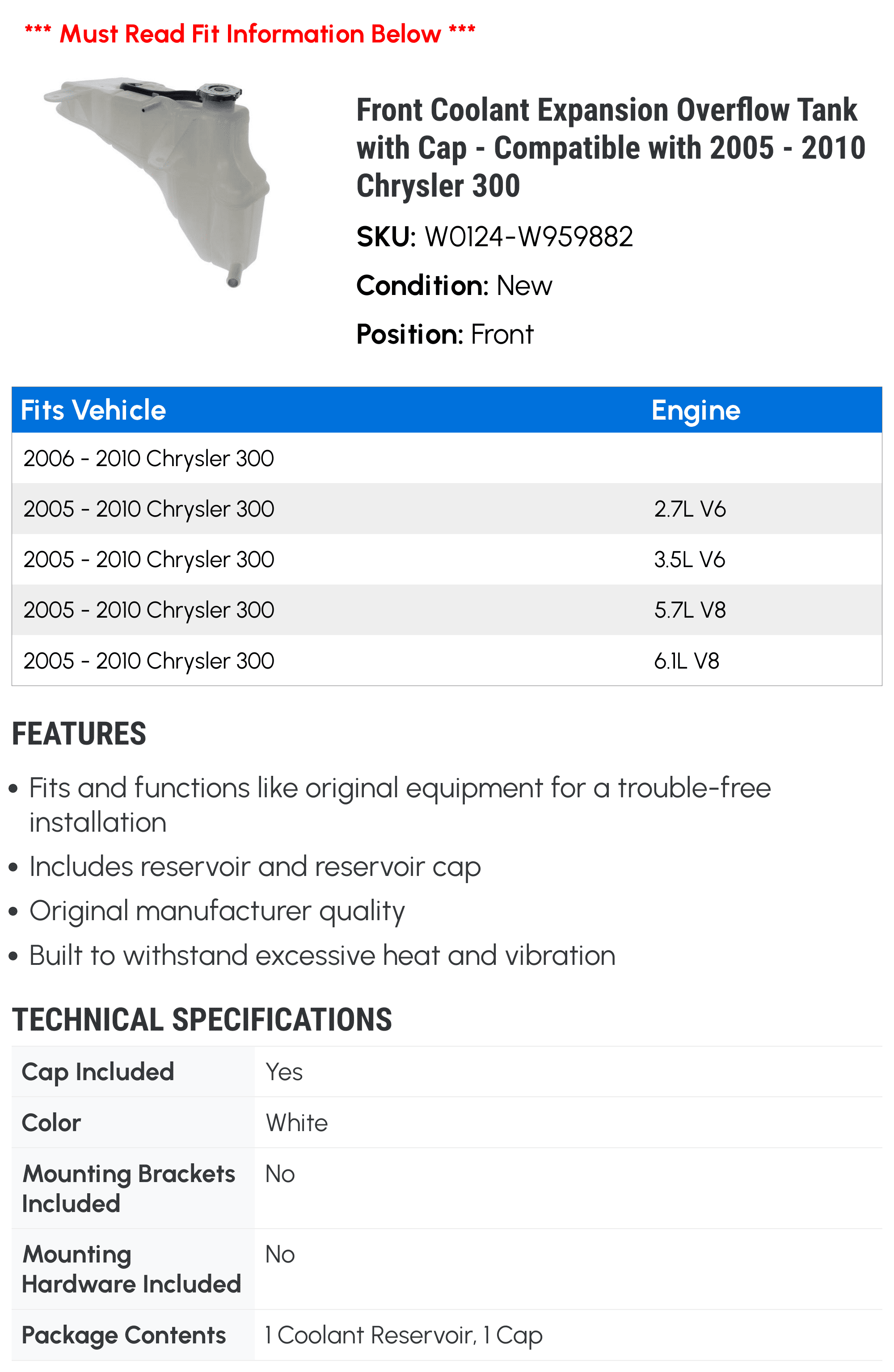 Front Coolant Expansion Overflow Tank with Cap - Compatible with 2005 - 2010 Chrysler 300 2006 2007 2008 2009