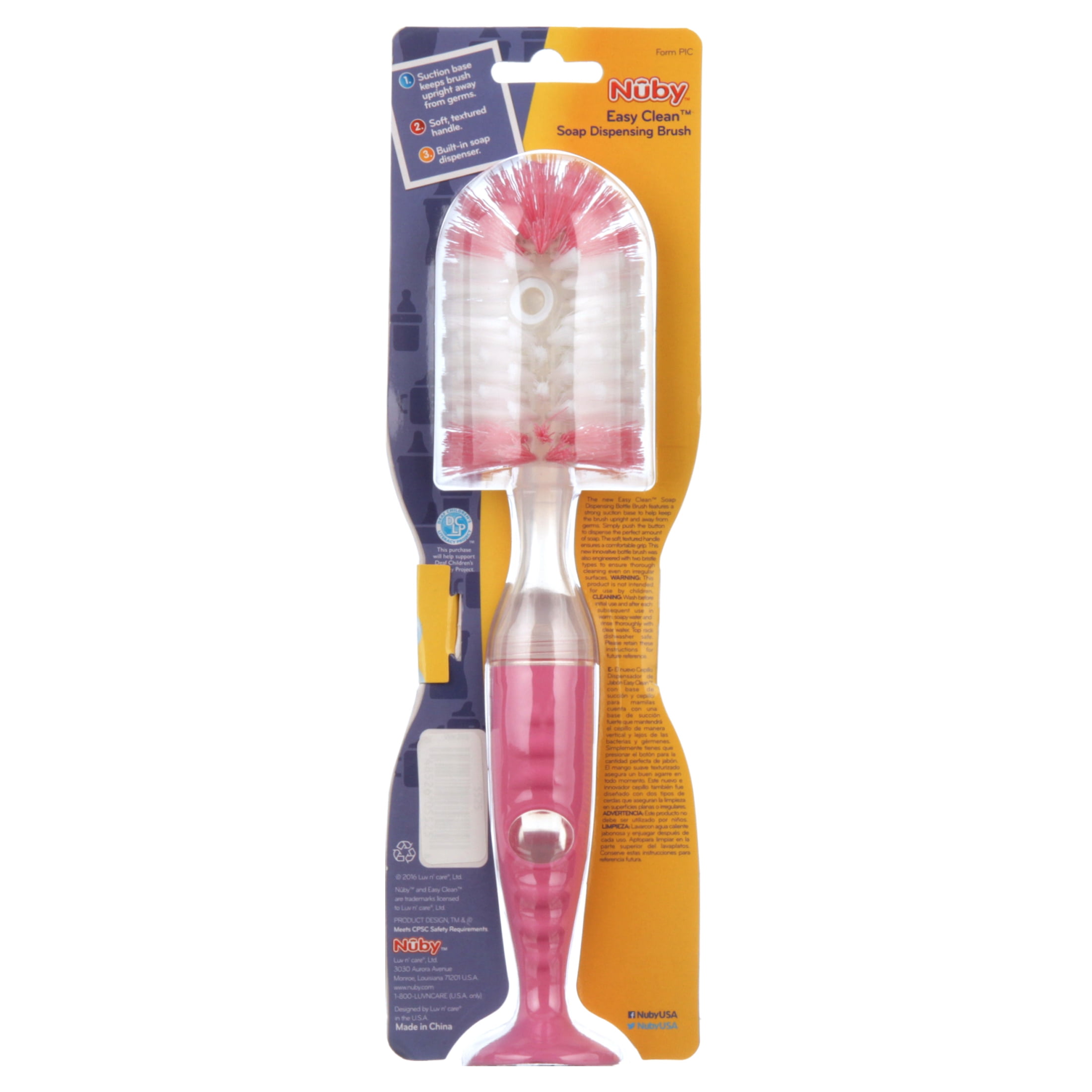 Nuby Easy Clean Soap Dispensing Brush, Pink/Green, 2 Count