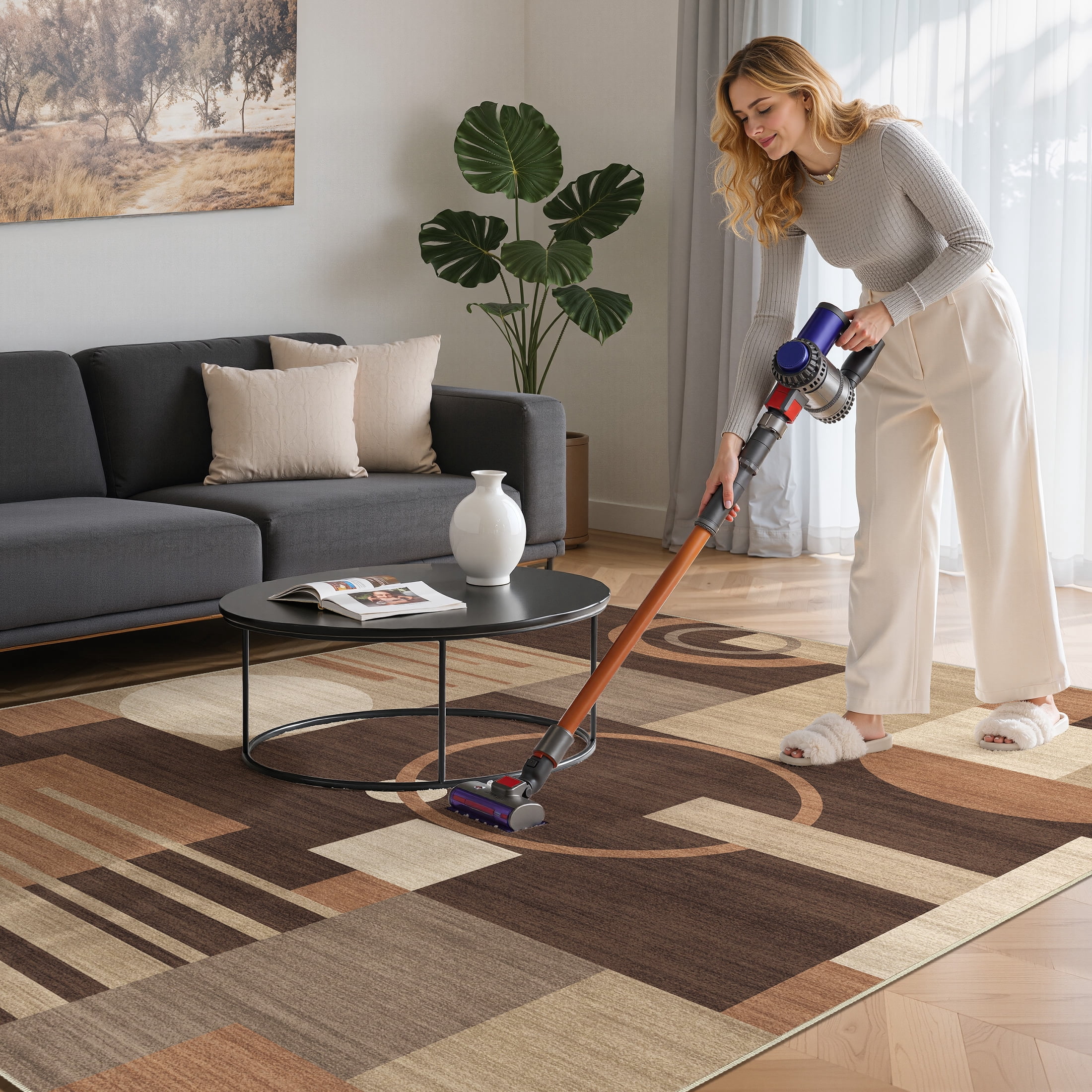 MICGEEK 8x10 Washable Area Rugs for Living Room, Modern Geometric Printed Rug, Vacuum-Friendly, Non Slip Indoor Rug for Bedroom Dining Room Home Decor Carpet, Brown/Beige
