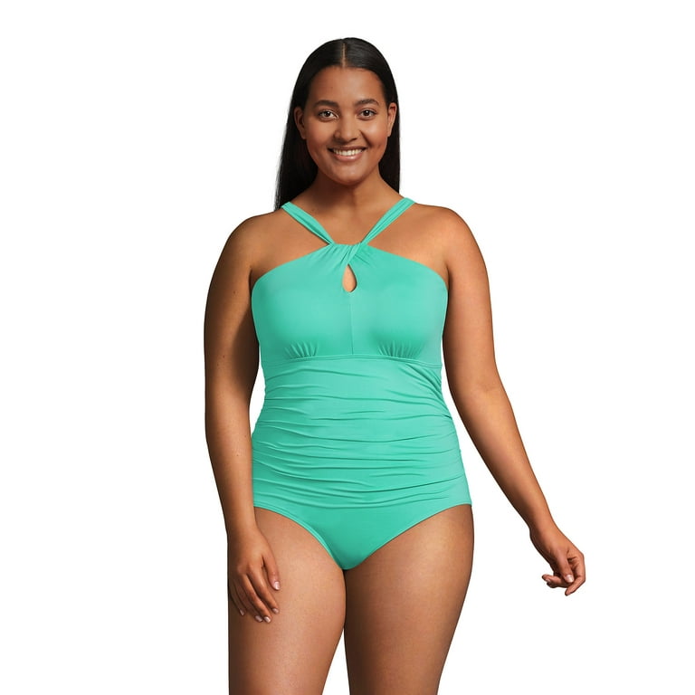 Lands' End Women's Plus Size Chlorine Resistant High Neck to One Shoulder  Multi Way One Piece Swimsuit 