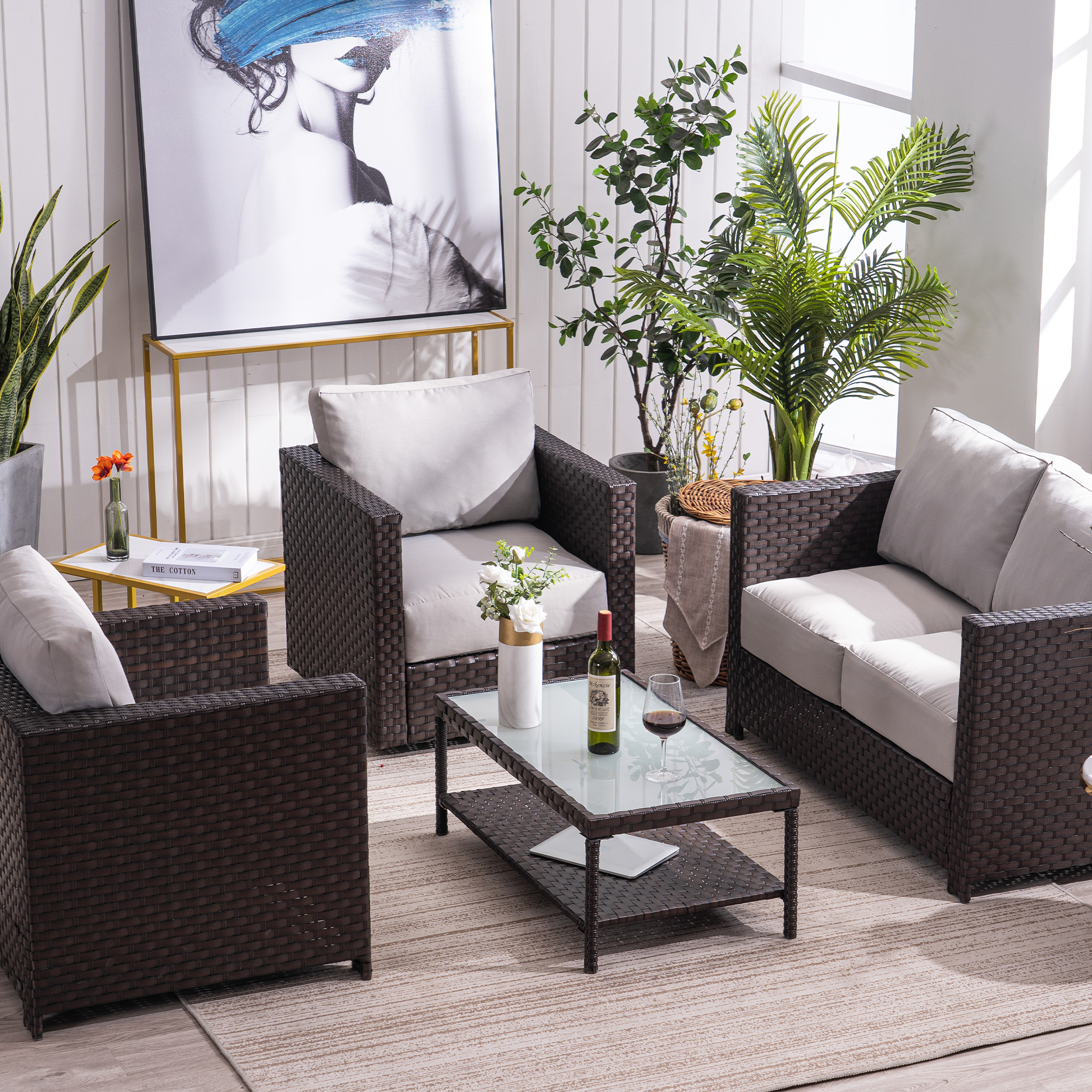 Mcombo Wicker Patio Sofa Furniture with Swivel Lounge Chair and Cushion , Coffee Table with Tempered Frosted Glass,4 Pieces Wicker Conversation Set ,Outdoor Loveseat 6082-9575EY (Grey) - image 1 of 8