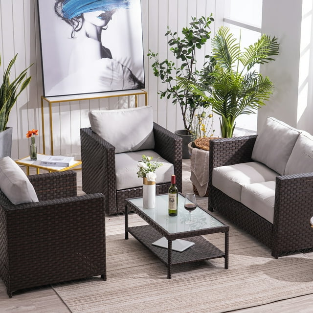 Mcombo Wicker Patio Sofa Furniture with Swivel Lounge Chair and Cushion , Coffee Table with Tempered Frosted Glass,4 Pieces Wicker Conversation Set ,Outdoor Loveseat 6082-9575EY (Grey)