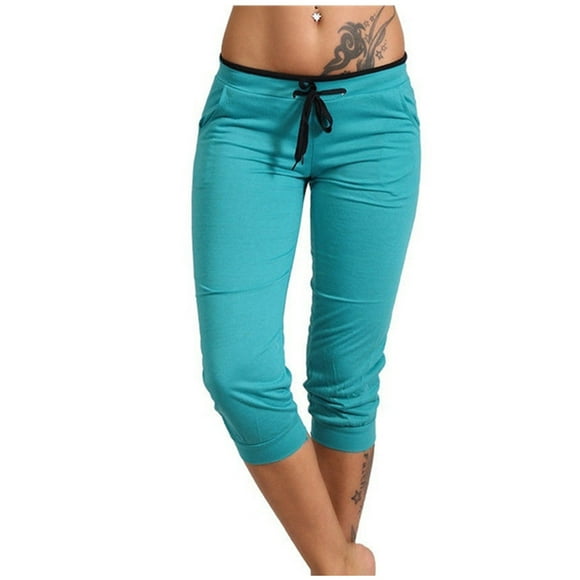 fartey Prime Day Deals Today 2024 Women Summer Lounge Capri Pants with Drawstring Elastic Waist Pockets Trousers Casual Solid Color Slim Comfy Sports Pants