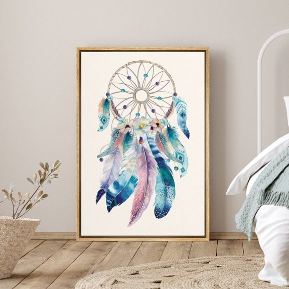 PixonSign Framed Canvas Print Wall Art Circle Dreamcatcher with Watercolor Feathers Birds Sky Illustrations Modern Art Colorful Multicolor Boho Decor for Living Room, Bedroom - 16"x24" Natural