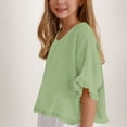 thumbnail image 2 of Faraee Cotton Linen Shirts for Girls 2026 3/4 Sleeve Ruffle Hem Oversized Blouse Kids Loose Fit Crewneck Tops for Summer Beach Vacation 5-15 Years Green, 2 of 6