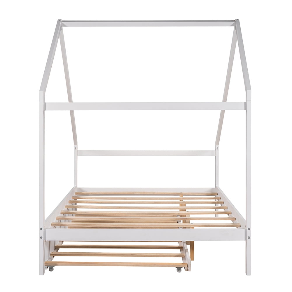 Kepooman Full-Size Wooden House Bed Frame for Kids With Twin Size Trundle, White Kepooman Full-Size Wooden House Bed Frame for Kids With Twin Size Trundle, White