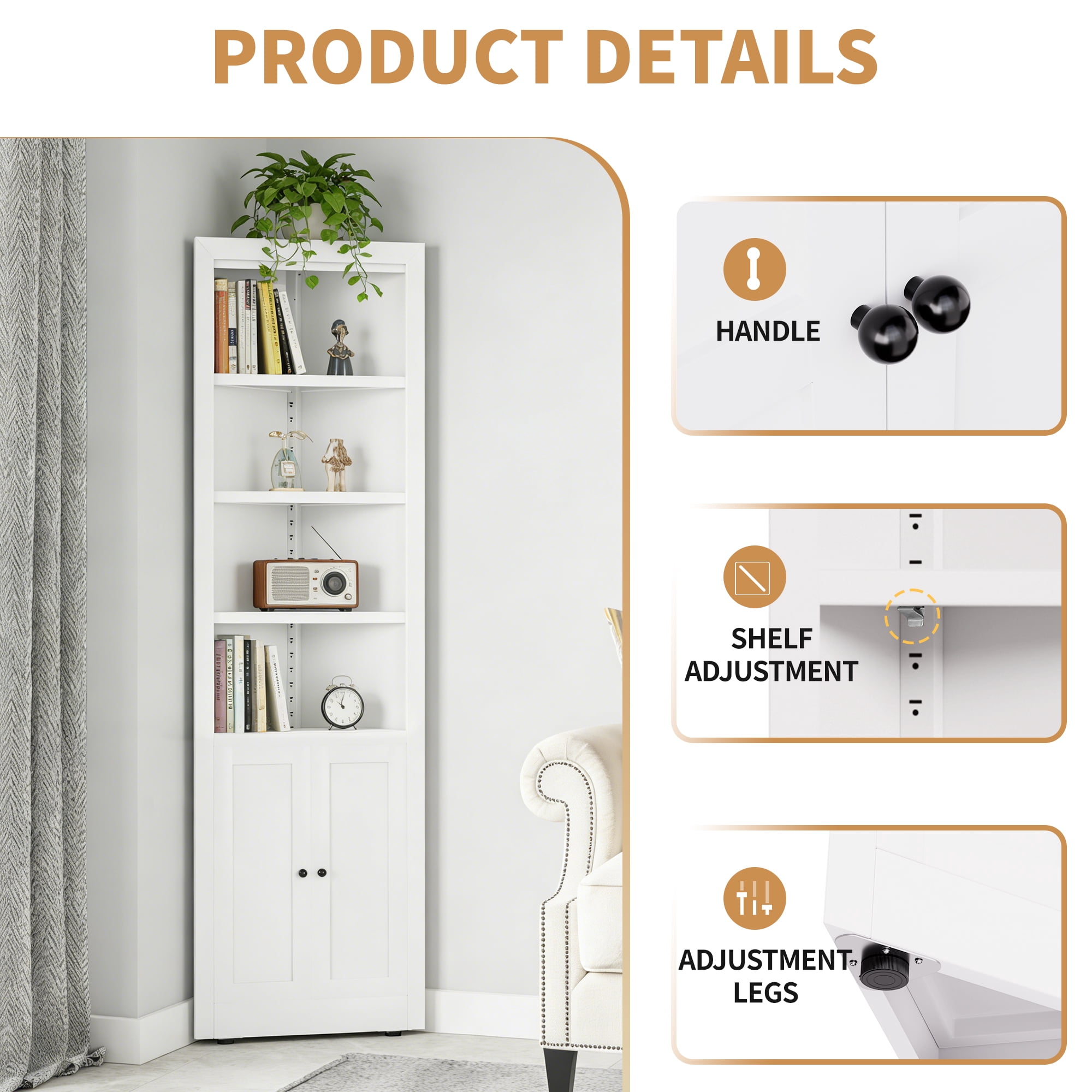 Leumius 71" Tall Corner Storage Cabinet with 2 Doors,Freestanding 5-Tier Metal Cabinet with Adjustable Shelves for Kitchen Living Room Bathroom,White