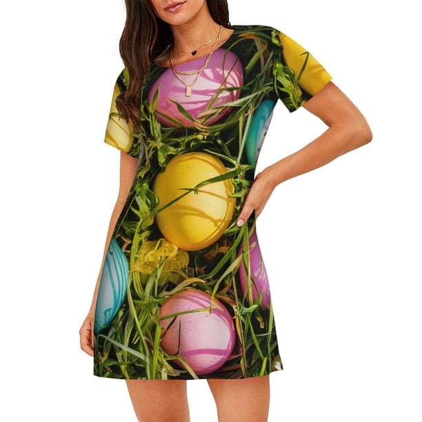 Disketp colorful Easter eggs para Camisón Corto de Manga Corta para Mujeres, Camisón Cómodo con Escote Redondo, Bonito y Confortable