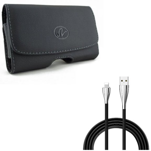 10ft USB Cable w Case Belt Clip for iPhone XS/X - Charger Cord Power Wire Long Sync, Leather Holster Cover Loops Pouch for iPhone XS/X