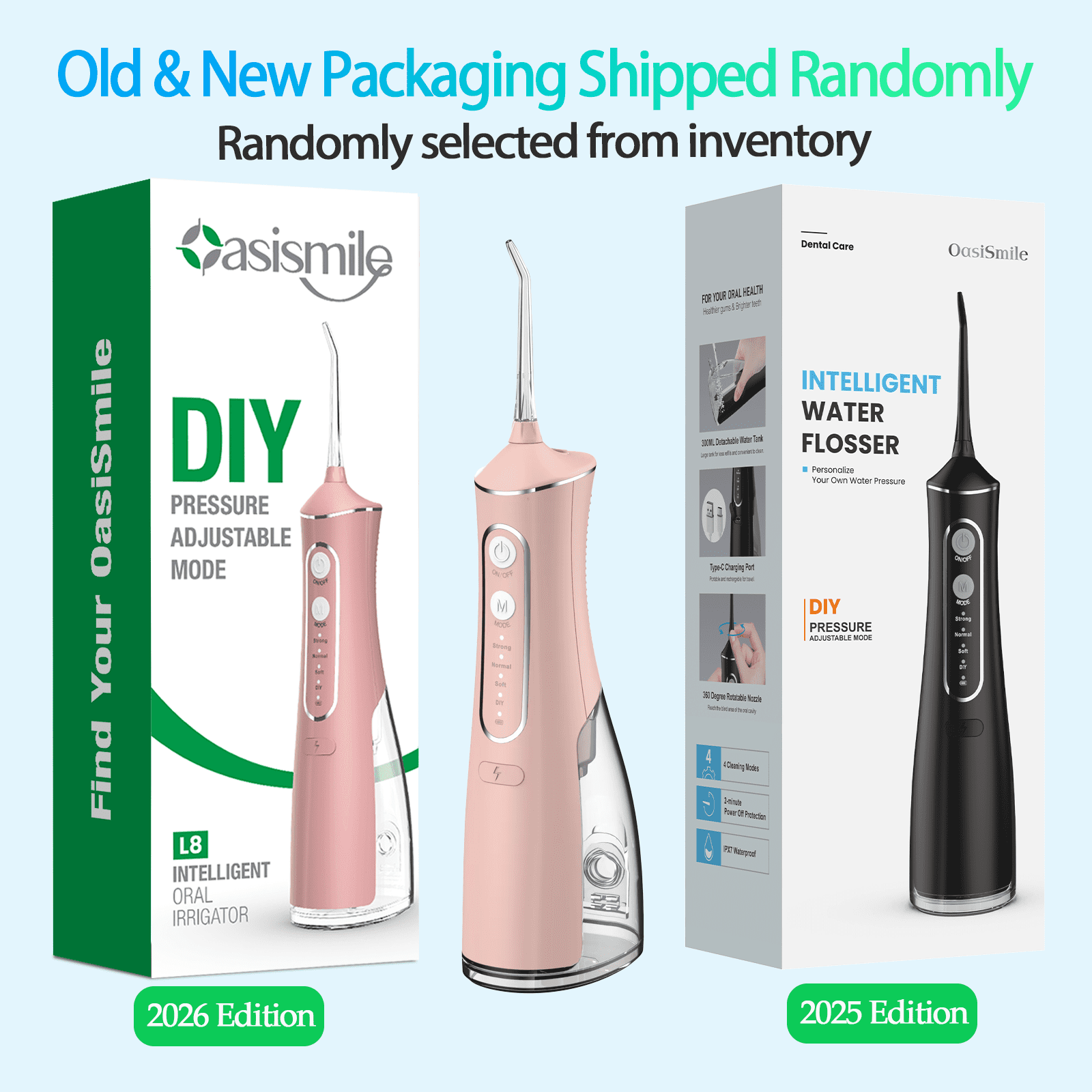 OasiSmile Water Flosser for Teeth Cleaning, Portable Cordless Dental Floss 300ML Rechargeable Oral Irrigator with 5 Jet Tips for Home Travel Office, Pink