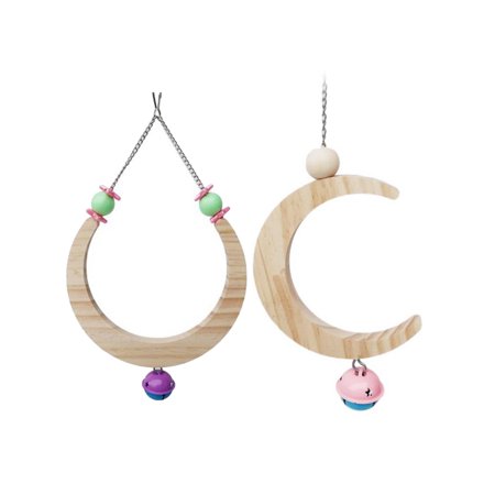 Conure Finches Natural Moon Shape Hanging Wooden Hammock with Bells Parrot Swing Perch Stand Bird Chew Toy 2PCS SMALL