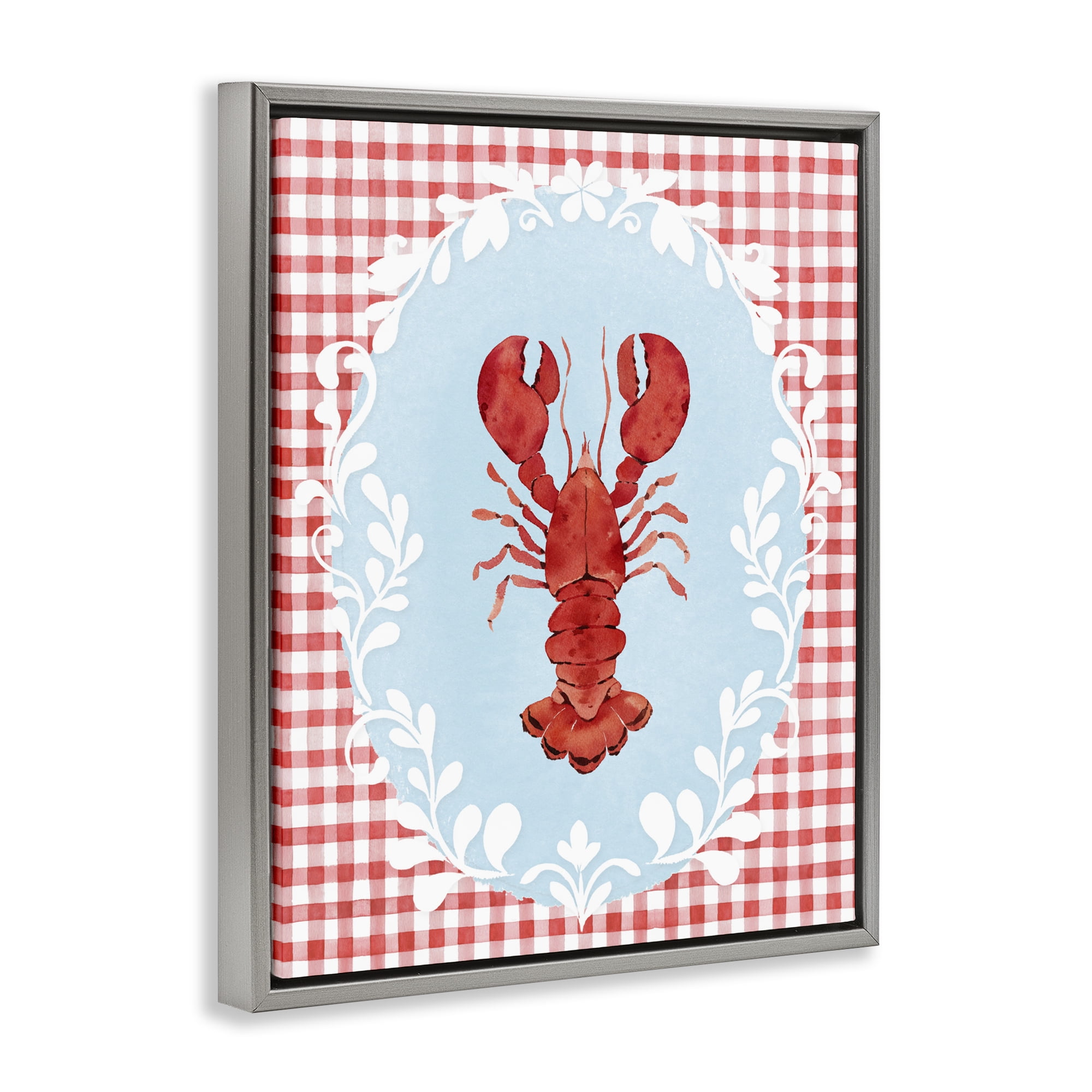 Stupell Industries Lobster with Red Plaid Gray Framed Floater Canvas Wall Art, design by Heather Lee Chan