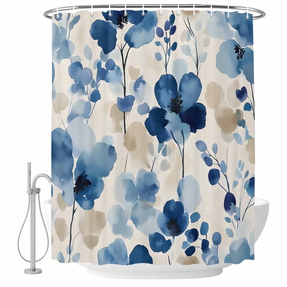 Blue Spring Floral Shower Curtain Set - 48" x 72" Washable Bathtub Curtain with 12 Hooks, Summer Pastoral Leaf Country Waterproof Fabric Stall Shower Curtains for Bathroom/Bathtub Décor