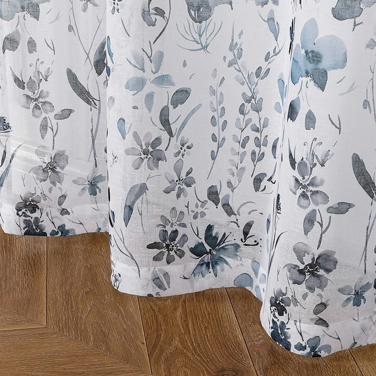 Renaiss 26 X 45 Inch Short Linen Curtains - Farmhouse Blue Floral Print, Back Tab & Rod Pocket, 2 Panels For Kitchen, Bathroom, Tier Curtains