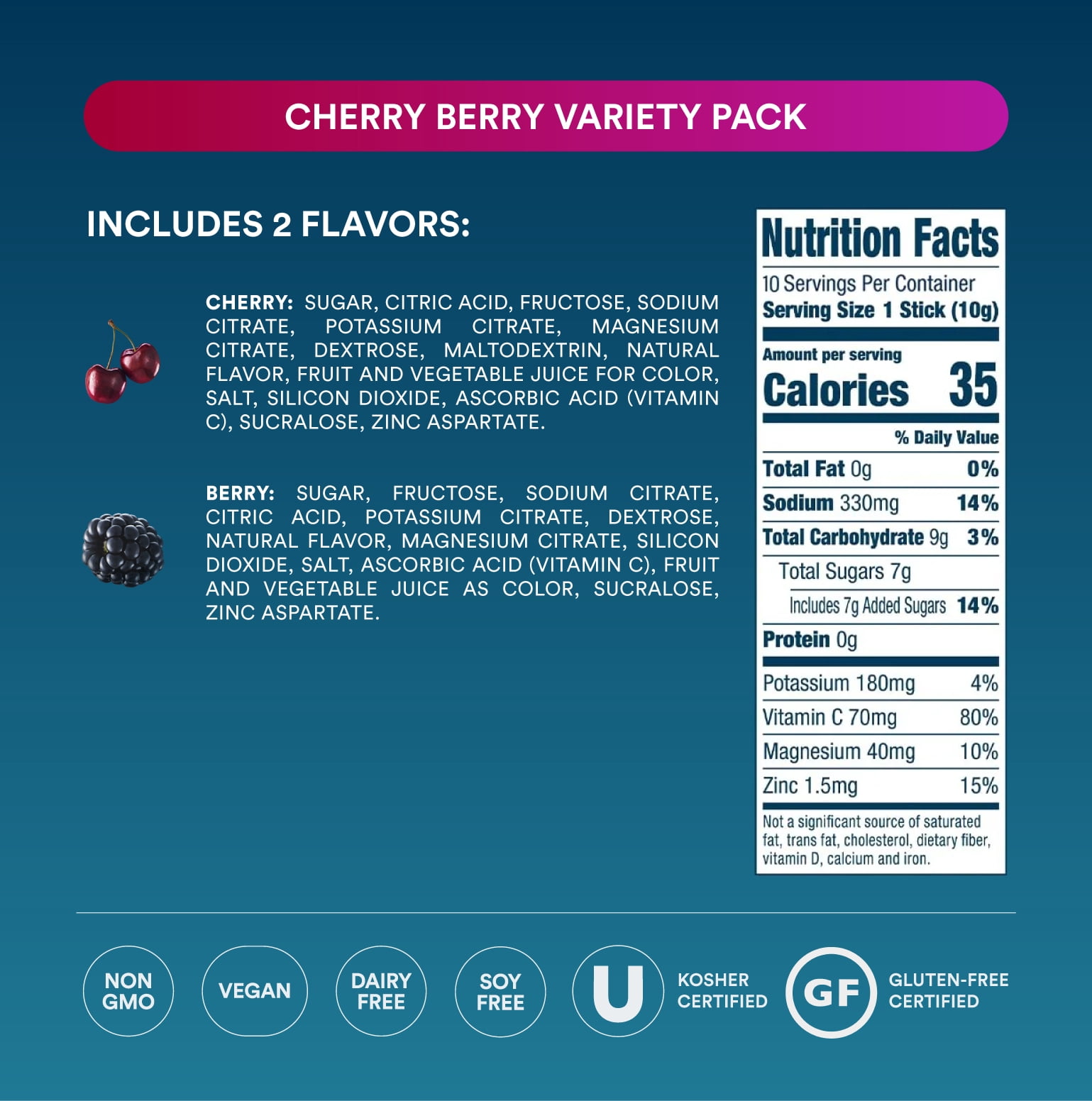 DripDrop Classic Fast Hydration - Cherry and Berry Electrolyte Powder Drink Mix, 10 Count