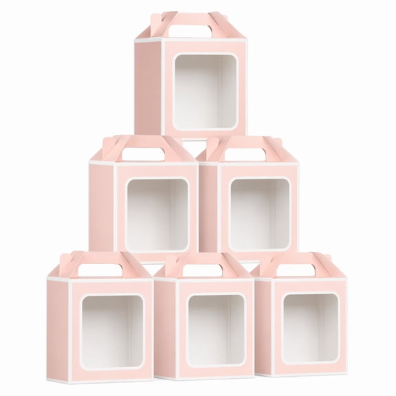 YEMNPIOS 6 Pcs Gift Box with Clear Window 9.8 x 7 x 5.1 Inch Candy Bouquet Treat Goodie Bags with Handles for Bridal Shower Birthday Party Pink White