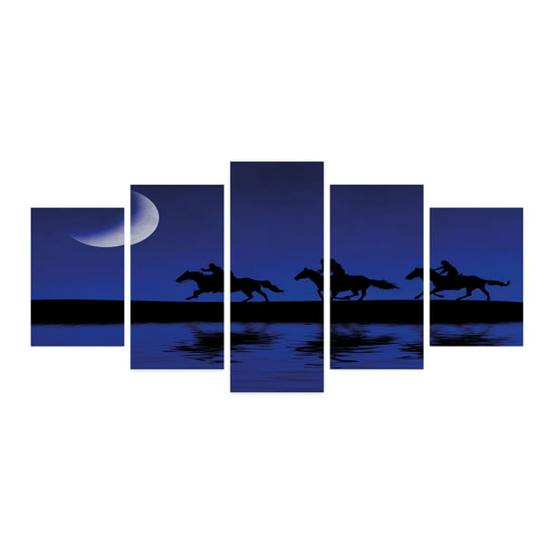 Animal 5 Panels Acrylic Glass Wall Art, Illustration with Silhouettes of a  3 Men on Horse Galloping at Night, Accent for Living Room, Bedroom, Dorm,  60