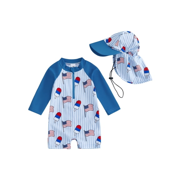 BemeyourBBs Kids Toddler Baby Boy 4th of July Swimsuit with Sun Hat Independent Day One Piece Swimsuit Infant Boy Bathing Suit Long Sleeve Rash Guard American Flag Popsicle Swimwear Summer Beachwear