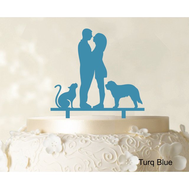 Couple Wedding Cake Topper With Pets Silhouette Wedding Topper Cake Decorations Color Option Available 6.5-7.5 Inches Wide