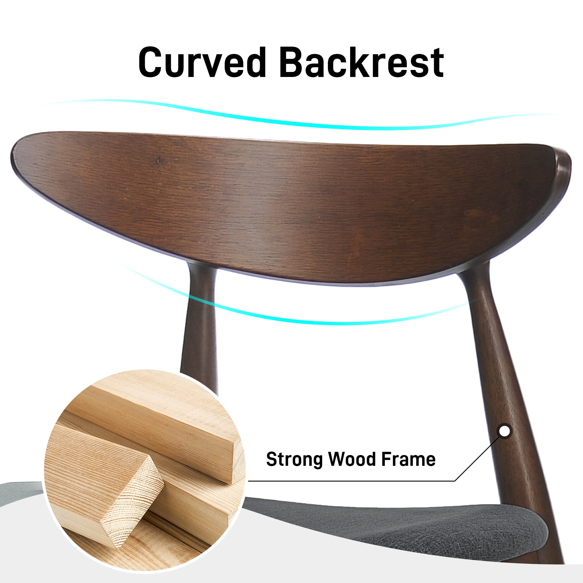 Aukfa Dining Chairs Set of 2, Mid Century Wood Side Chairs with Curved Backrest and Upholstered Seat, Dining Room Chairs for Kitchen, Living Room, Dark Brown