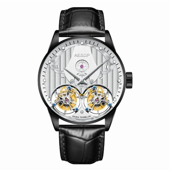 AESOP Luxury Dual Tourbillon Mechanical Wristwatches Men Sapphire Glass Leather Strap Gentleman Skeleton Hollow Waterproof Watch