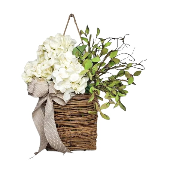 WMGHA Hydrangea Door Hanger Basket Wreath - Farmhouse Spring Wreath with Wildflowers, Mother's Day Decor, Artificial Rattan Hanging Basket for Porch, Wall, Home Decor