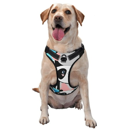 Vsdgher Panda Cute Pink Hearts Pattern Dog Harness No Pull Pet Harness with Soft Padded Handle Adjustable Reflective Vest with 2 Buckles 4 Slide Buckles S-XL Medium