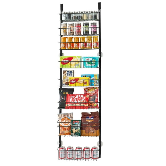 KFFKFF Over the Door Pantry Organizer, 9-Tier Pantry Organization and Storage, Heavy-Duty Steel Hanging Spice Rack, Adjustable Wall Seasoning Shelves, for Home Kitchen Laundry Room Bathroom, Black