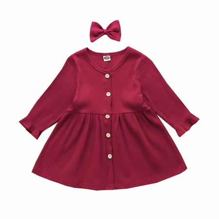 

QIPOPIQ Clearance Girls Dresses Spring Autumn Toddler Baby Girl Solid Color Long Sleeve Skirt Bow Headband