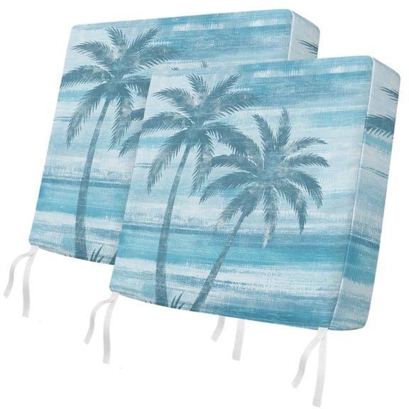 Outdoor Patio Cushion Covers 2 Pack Blue Summer Palm Tree Chair Cushion Seat Pads with Ties & Zipper Waterproof Tropical Leaves Plant Chair Slipcovers for Outdoor Furniture Couch Sofa 20x18 Inch