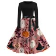 thumbnail image 2 of Halloween Dresses for Women Bat Printed Crew Neck Scary Swing Dress Bone Cocktail Long Sleeve Retro Tea Length Dress with Belt L, 2 of 5