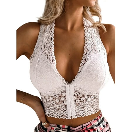 

Uerlsty Women Basic Push Up Lingerie Halter Neck Floral Lace Lingeries Solft No Chest Pad Buckles Hollow Backless Bra
