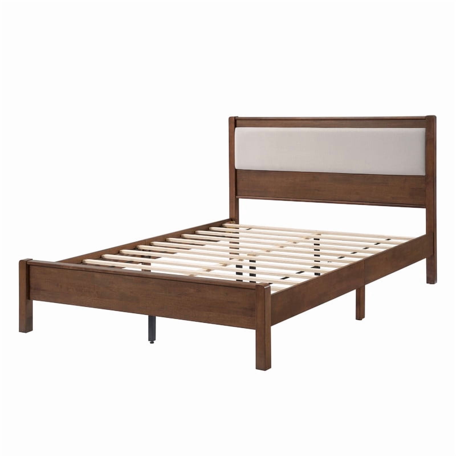 Queen Size Wooden Bed Frame with Upholstered Headboard, Low Profile Platform Bed with Central Support Legs