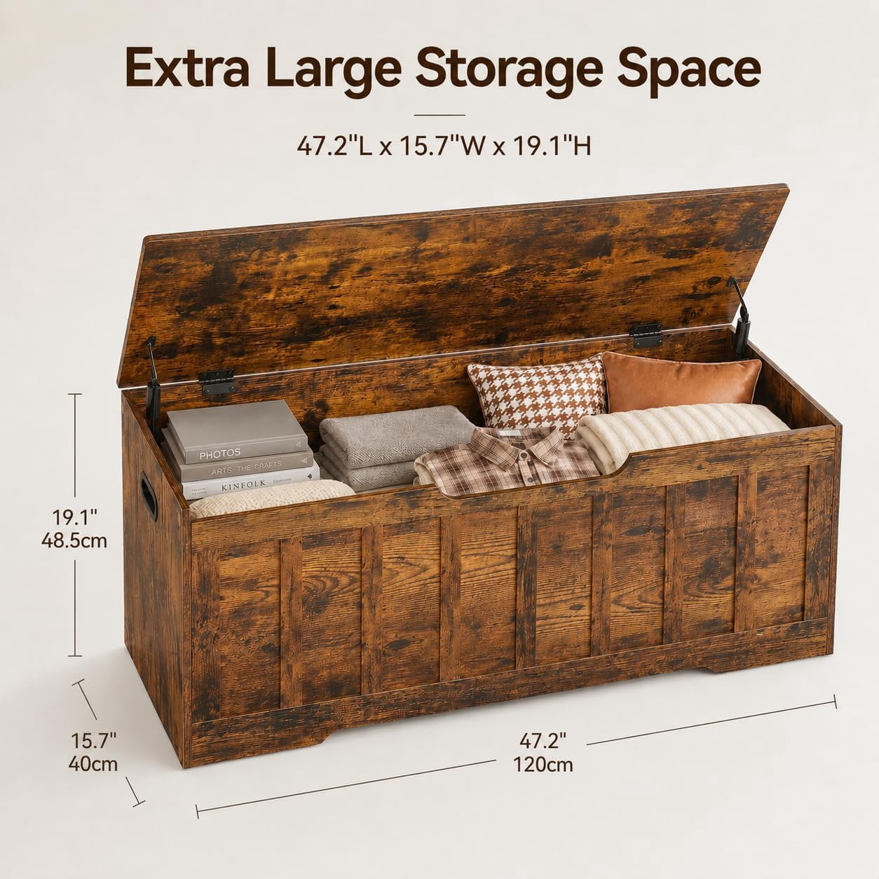 47.2" Storage Chest for Bedroom, Extra Large Wooden Storage Trunk with 2 Safety Hinges, Entryway Storage Bench, Blanket Chest and Storage Bench for Bedroom, Living Room, Hallway