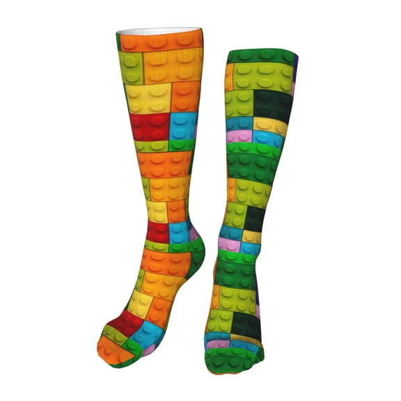 Kdxio Colorful Building Blocks Funny Silky Novelty Funky Long Knee High Socks Soft 3D Print Cosplay Crazy Stockings for Men Women
