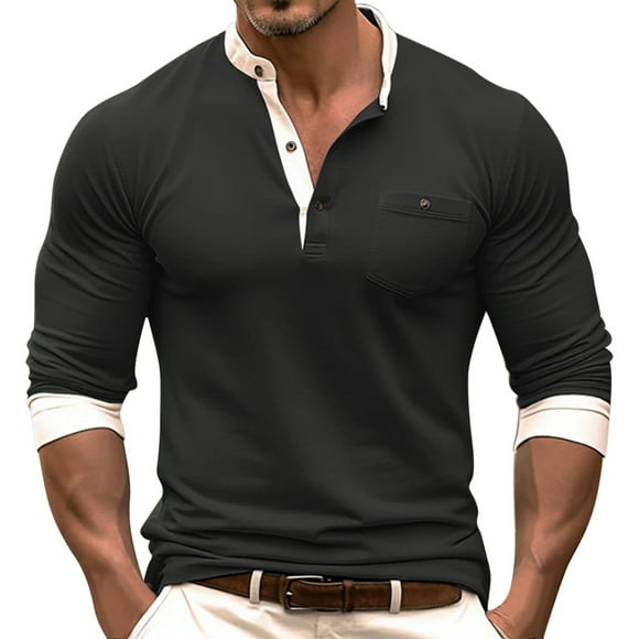 Men's Leisure Fashion Solid Color Contrast Design Lapel Button Long Sleeve Tall T Shirts Shirts for Large Men Heat compatible with Machine for T Shirts Plain Shirt Men's Tees Blank T Shirt T Shirt