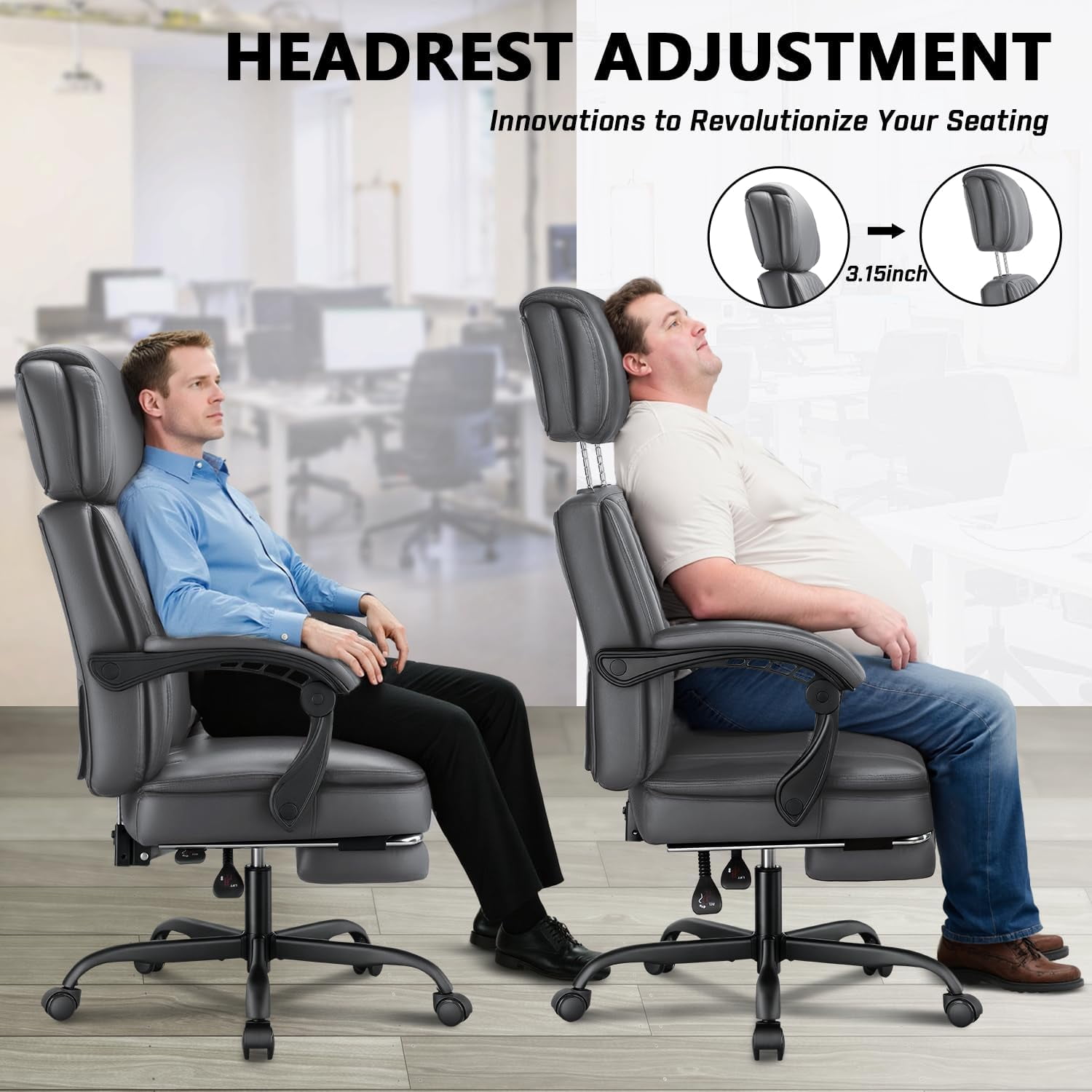 Big and Tall Office Chair 400lbs Capacity, Ergonomic Executive Chair with Linkage Armrests, Adjustable Headrest, Retractable Footrest & Lumbar Support, High Back PU Leather Desk Chair, Gry