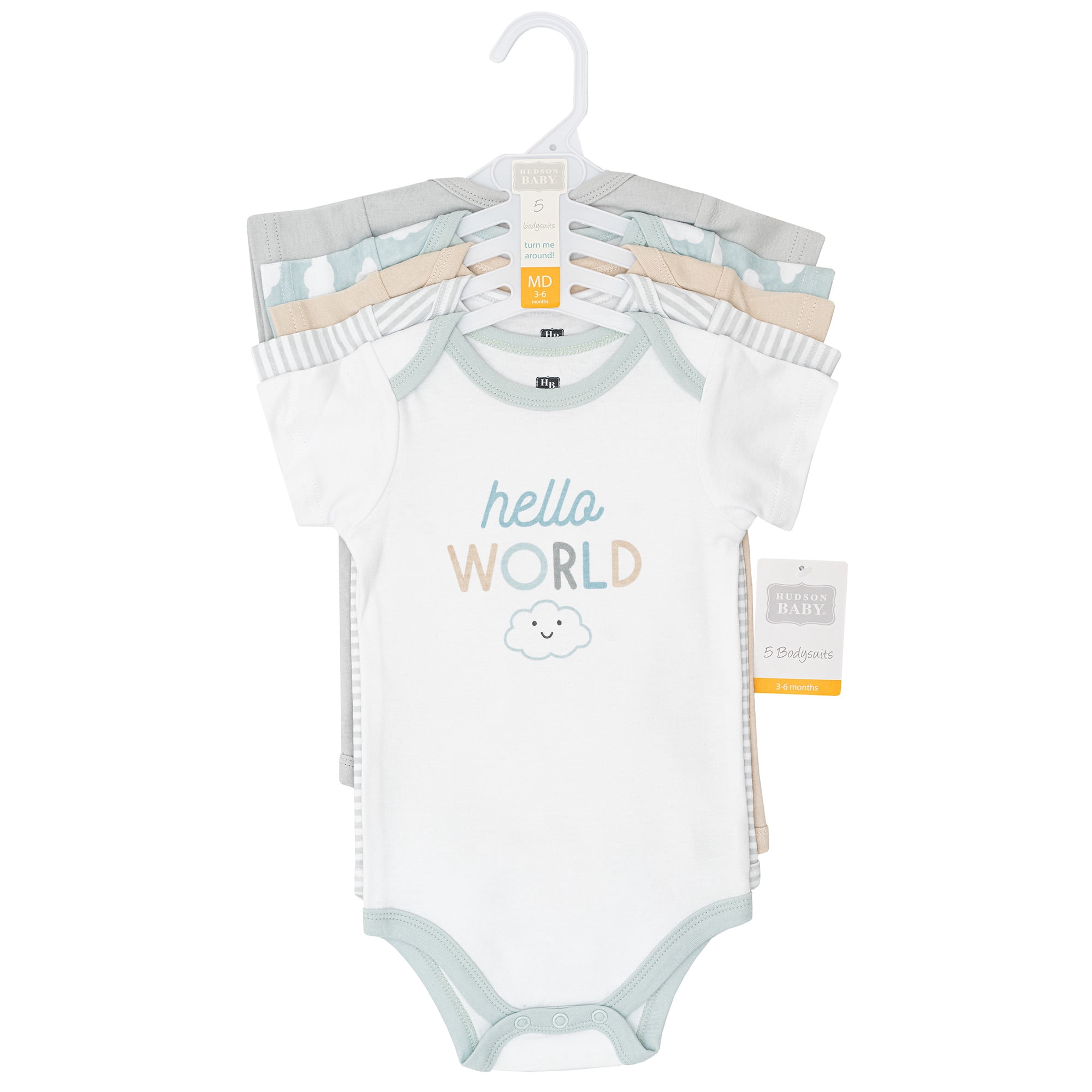 Hudson Baby Infant Cotton Bodysuits 5-Pack, Hello World Clouds, 18-24 Months