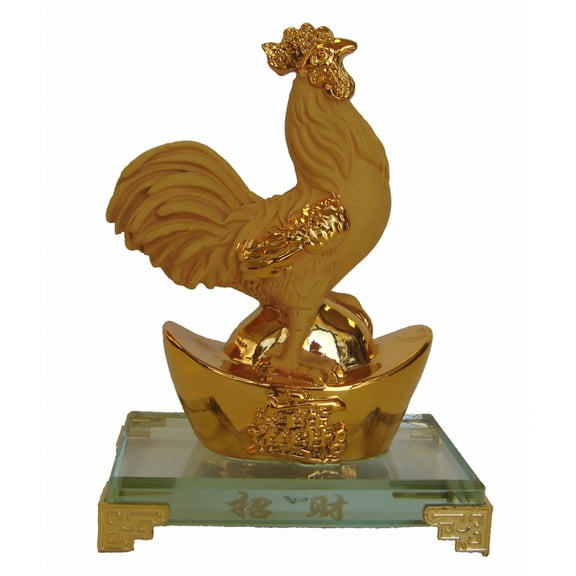 Feng Shui Rubber Finished Golden Rooster Statue with Big Ingot