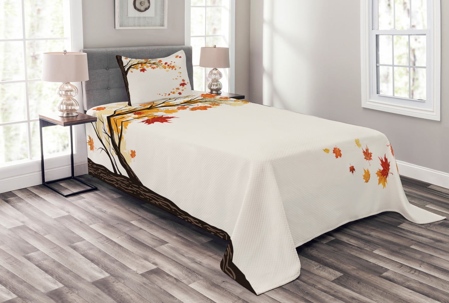 Fall Bedspread Set Twin Size, Leaf Group Motion in Mother Earth
