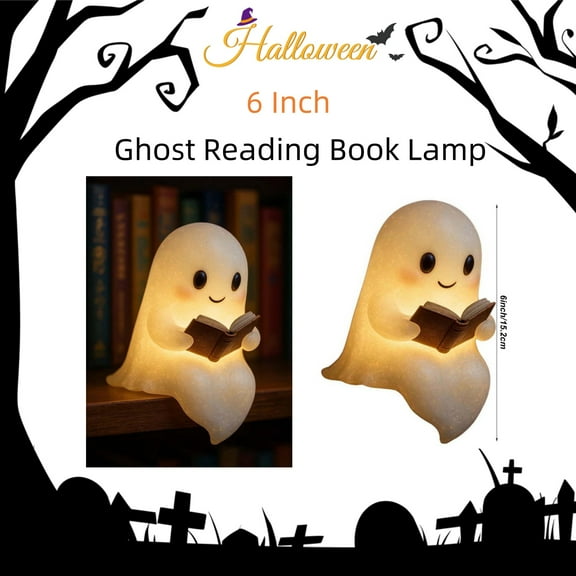 Cute Ghost Reading Book Lamp, Halloween Ghost Night Light, 3D Ghost Reading Night Lights, Light Up Ghost Halloween Decor, for Bedroom Study Room, Readers -6in