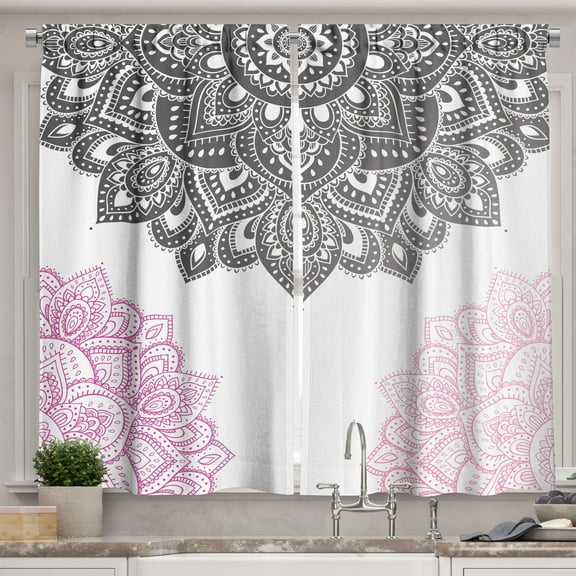 Ambesonne Flora Kitchen Curtains, South Mandala Design Print, 55"x45", Dark Grey