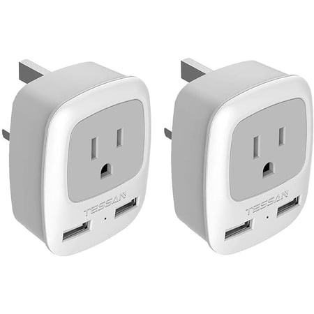 US to UK Ireland Travel Plug Adapter 2 Pack, TESSAN Type G Power Outlet Adaptor with 2 USB for USA to Dubai Scotland British London England Qatar Irish